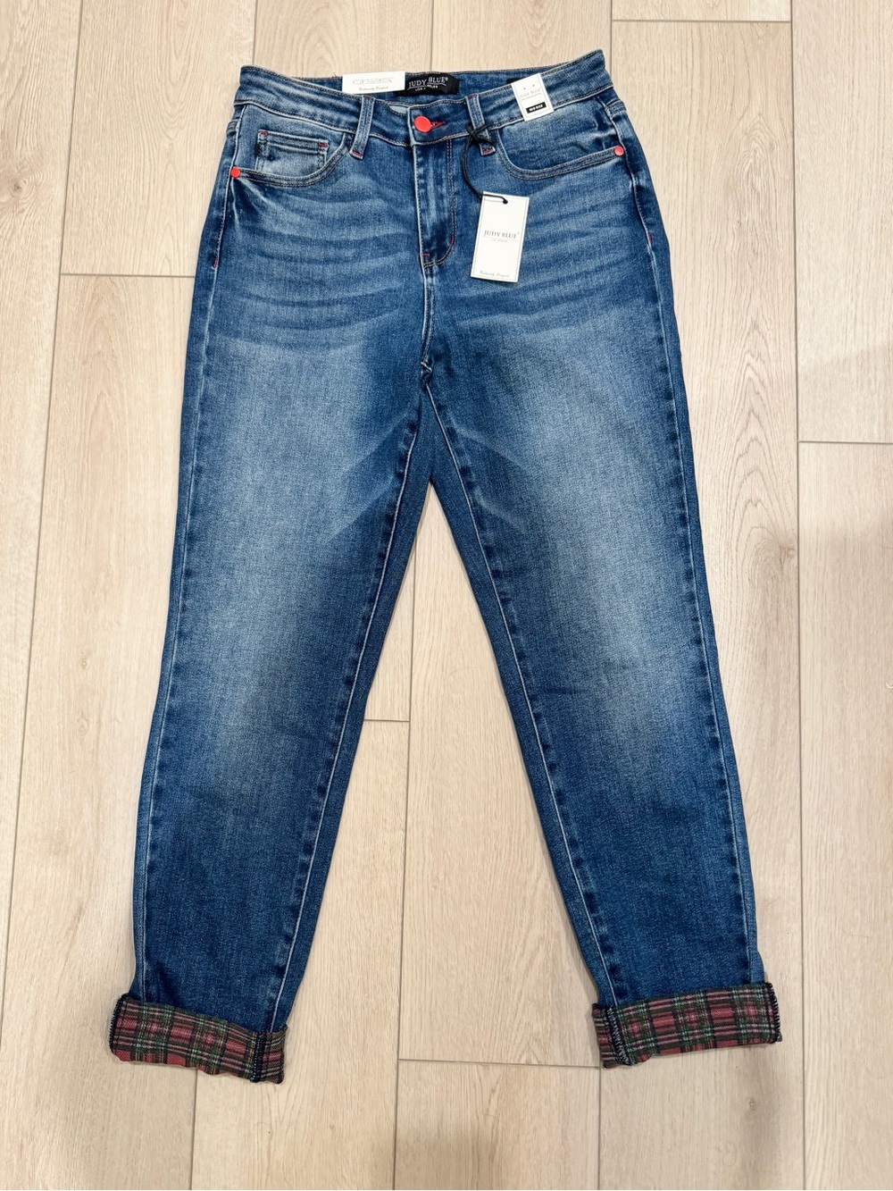 Judy Blue Jingle All The Way Boyfriend Jeans with Plaid Cuff Detail